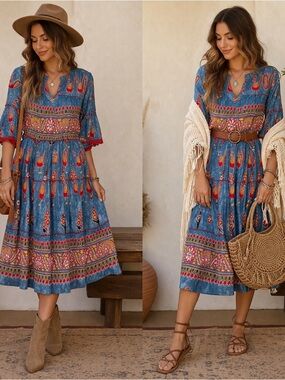 Rhea Boho Blue Peacock & Floral Midi Dress